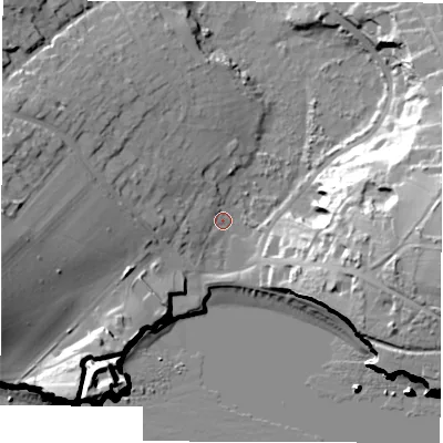 Shaded relief map of the ground around PO409QX, computed from Environment Agency LiDAR. The ground here sits at about 2 m above sea level and falls 38 m across the surrounding 800 m. Surface water reaching this point runs off ground lying to the east, 35.4 m higher.