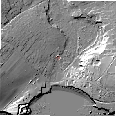 Shaded relief map of the ground around PO409QY, computed from Environment Agency LiDAR. The ground here sits at about 2 m above sea level and falls 39 m across the surrounding 800 m. Surface water reaching this point runs off ground lying to the north-west, 3.6 m higher.