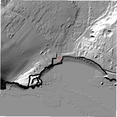 Shaded relief map of the ground around PO409RA, computed from Environment Agency LiDAR. The ground here sits at about 4 m above sea level and falls 35 m across the surrounding 800 m. Surface water reaching this point runs off ground lying to the west, 27.9 m higher.