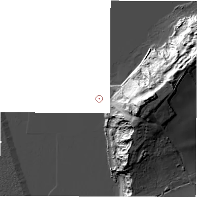 Shaded relief map of the ground around PO409TB, computed from Environment Agency LiDAR. and falls 42 m across the surrounding 800 m.