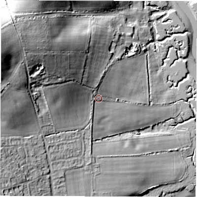 Shaded relief map of the ground around PO409TL, computed from Environment Agency LiDAR. The ground here sits at about 10 m above sea level and falls 37 m across the surrounding 800 m. Surface water reaching this point runs off ground lying to the north-west, 23.7 m higher.