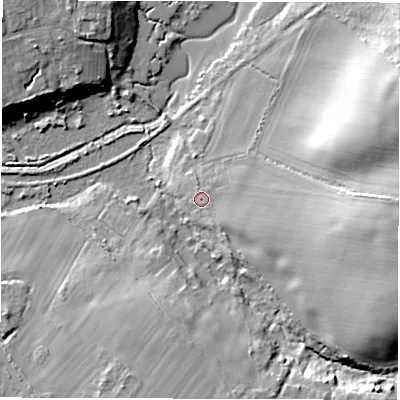 Shaded relief map of the ground around PO409TN, computed from Environment Agency LiDAR. The ground here sits at about 6 m above sea level and falls 20 m across the surrounding 800 m. Surface water reaching this point runs off ground lying to the south-east, 2.7 m higher.