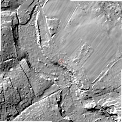 Shaded relief map of the ground around PO409TP, computed from Environment Agency LiDAR. The ground here sits at about 5 m above sea level and falls 20 m across the surrounding 800 m. Surface water reaching this point runs off ground lying to the east-north-east, 4.6 m higher.