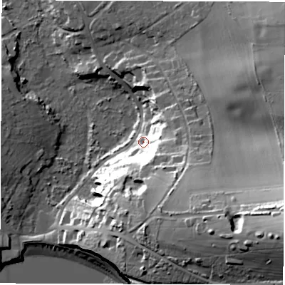 Shaded relief map of the ground around PO409TT, computed from Environment Agency LiDAR. The ground here sits at about 8 m above sea level and falls 56 m across the surrounding 800 m. Surface water reaching this point runs off ground lying to the south-south-east, 31.6 m higher.