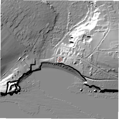 Shaded relief map of the ground around PO409TU, computed from Environment Agency LiDAR. The ground here sits at about 8 m above sea level and falls 44 m across the surrounding 800 m. Surface water reaching this point runs off ground lying to the east, 38.9 m higher.