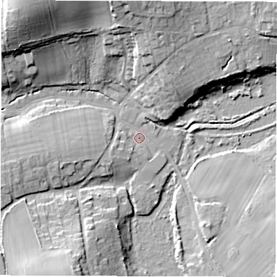 Shaded relief map of the ground around PO409UH, computed from Environment Agency LiDAR. The ground here sits at about 2 m above sea level and falls 26 m across the surrounding 800 m. Surface water reaching this point runs off ground lying to the north-west, 24.7 m higher.