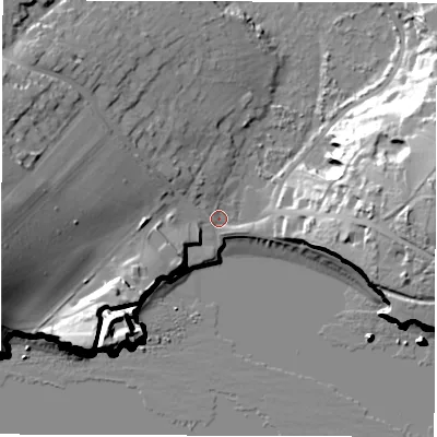 Shaded relief map of the ground around PO409US, computed from Environment Agency LiDAR. The ground here sits at about 2 m above sea level and falls 36 m across the surrounding 800 m. Surface water reaching this point runs off ground lying to the west, 27.5 m higher.