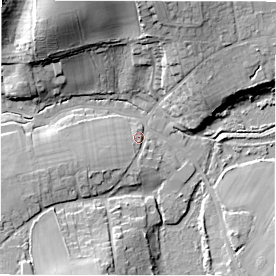 Shaded relief map of the ground around PO409XB, computed from Environment Agency LiDAR. The ground here sits at about 4 m above sea level and falls 26 m across the surrounding 800 m. Surface water reaching this point runs off ground lying to the west-south-west, 5.6 m higher.