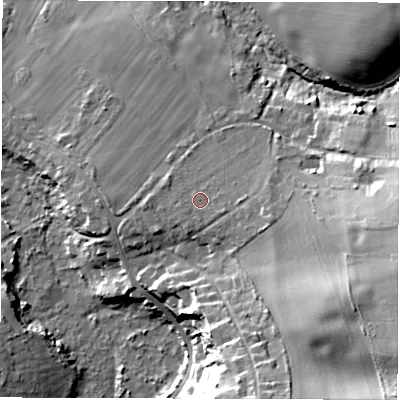 Shaded relief map of the ground around PO409XR, computed from Environment Agency LiDAR. The ground here sits at about 13 m above sea level and falls 29 m across the surrounding 800 m. Surface water reaching this point runs off ground lying to the east-south-east, 1.6 m higher.