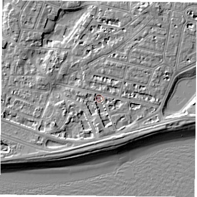Shaded relief map of the ground around PO40AQ, computed from Environment Agency LiDAR. The ground here sits at about 1 m above sea level and falls 7 m across the surrounding 800 m. Surface water reaching this point runs off ground lying to the south-south-east, 3.7 m higher.