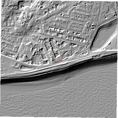Shaded relief map of the ground around PO40BW, computed from Environment Agency LiDAR. The ground here sits at about 3 m above sea level and falls 7 m across the surrounding 800 m. Surface water reaching this point runs off ground lying to the south-east, 3.4 m higher.