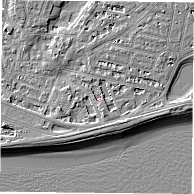 Shaded relief map of the ground around PO40BY, computed from Environment Agency LiDAR. The ground here sits at about 1 m above sea level and falls 7 m across the surrounding 800 m. Surface water reaching this point runs off ground lying to the south-east, 3.7 m higher.