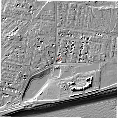 Shaded relief map of the ground around PO40DD, computed from Environment Agency LiDAR. The ground here sits at about 3 m above sea level and falls 13 m across the surrounding 800 m. Surface water reaching this point runs off ground lying to the south-east, 10.2 m higher.