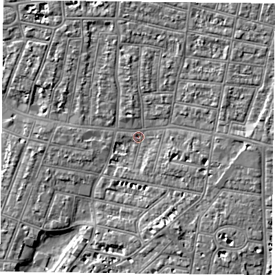 Shaded relief map of the ground around PO40JS, computed from Environment Agency LiDAR. The ground here sits at about 2 m above sea level and falls 7 m across the surrounding 800 m. Surface water reaching this point runs off ground lying to the north-east, 3.4 m higher.