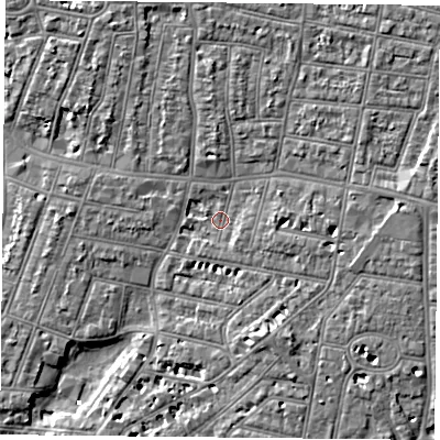 Shaded relief map of the ground around PO40JY, computed from Environment Agency LiDAR. The ground here sits at about 3 m above sea level and falls 7 m across the surrounding 800 m. Surface water reaching this point runs off ground lying to the east, 3.7 m higher.