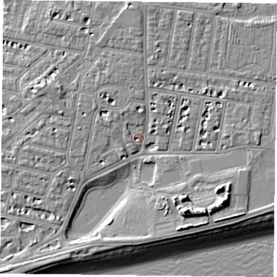 Shaded relief map of the ground around PO40NH, computed from Environment Agency LiDAR. The ground here sits at about 3 m above sea level and falls 13 m across the surrounding 800 m. Surface water reaching this point runs off ground lying to the north, 4.4 m higher.