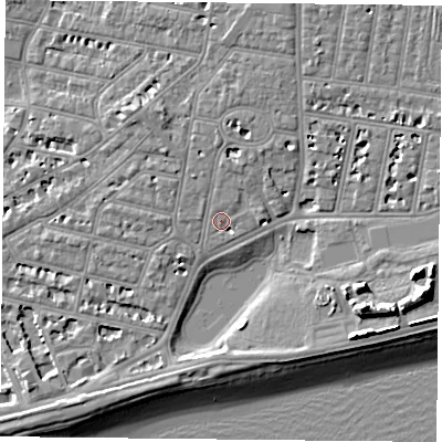 Shaded relief map of the ground around PO40NJ, computed from Environment Agency LiDAR. The ground here sits at about 3 m above sea level and falls 13 m across the surrounding 800 m. Surface water reaching this point runs off ground lying to the north-north-east, 2.7 m higher.