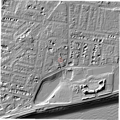 Shaded relief map of the ground around PO40NN, computed from Environment Agency LiDAR. The ground here sits at about 4 m above sea level and falls 13 m across the surrounding 800 m. Surface water reaching this point runs off ground lying to the north-west, 1.3 m higher.