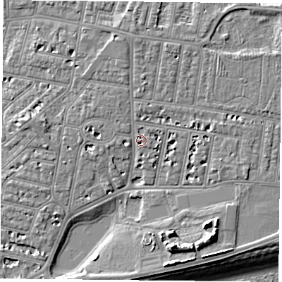 Shaded relief map of the ground around PO40NQ, computed from Environment Agency LiDAR. The ground here sits at about 4 m above sea level and falls 13 m across the surrounding 800 m. Surface water reaching this point runs off ground lying to the north, 2.9 m higher.