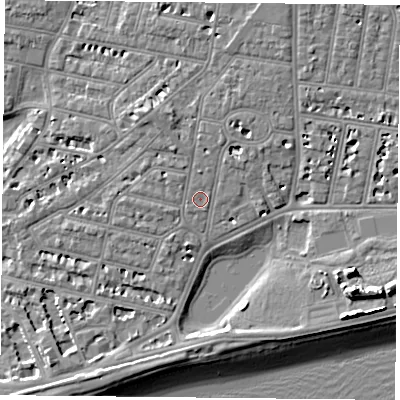 Shaded relief map of the ground around PO40NU, computed from Environment Agency LiDAR. The ground here sits at about 3 m above sea level and falls 13 m across the surrounding 800 m. Surface water reaching this point runs off ground lying to the north-north-east, 2.2 m higher.