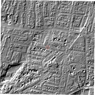 Shaded relief map of the ground around PO40PJ, computed from Environment Agency LiDAR. The ground here sits at about 3 m above sea level and falls 7 m across the surrounding 800 m. Surface water reaching this point runs off ground lying to the east, 1.5 m higher.