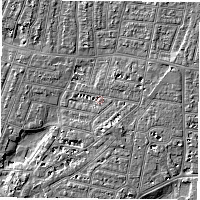 Shaded relief map of the ground around PO40PL, computed from Environment Agency LiDAR. The ground here sits at about 3 m above sea level and falls 7 m across the surrounding 800 m. Surface water reaching this point runs off ground lying to the east-north-east, 1.5 m higher.