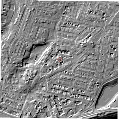 Shaded relief map of the ground around PO40PN, computed from Environment Agency LiDAR. The ground here sits at about 3 m above sea level and falls 6 m across the surrounding 800 m. Surface water reaching this point runs off ground lying to the east-north-east, 3.7 m higher.