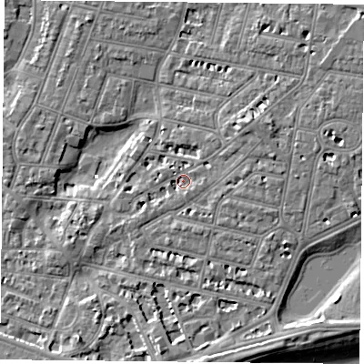 Shaded relief map of the ground around PO40PT, computed from Environment Agency LiDAR. The ground here sits at about 2 m above sea level and falls 8 m across the surrounding 800 m. Surface water reaching this point runs off ground lying to the north-east, 3.7 m higher.