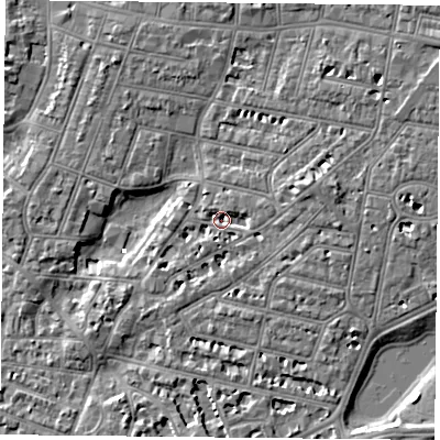 Shaded relief map of the ground around PO40PZ, computed from Environment Agency LiDAR. The ground here sits at about 2 m above sea level and falls 6 m across the surrounding 800 m. Surface water reaching this point runs off ground lying to the east-north-east, 2.6 m higher.