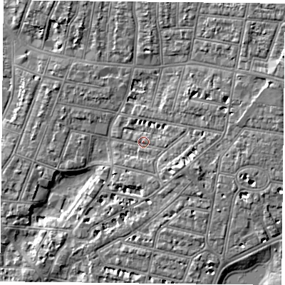 Shaded relief map of the ground around PO40QB, computed from Environment Agency LiDAR. The ground here sits at about 3 m above sea level and falls 7 m across the surrounding 800 m. Surface water reaching this point runs off ground lying to the east-north-east, 1.4 m higher.