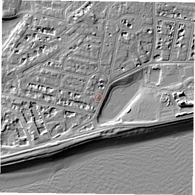 Shaded relief map of the ground around PO40QJ, computed from Environment Agency LiDAR. The ground here sits at about 3 m above sea level and falls 13 m across the surrounding 800 m. Surface water reaching this point runs off ground lying to the south-south-west, 2.6 m higher.