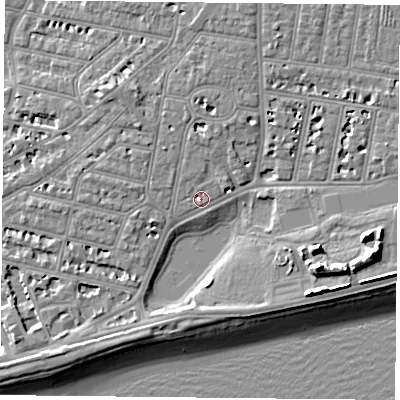 Shaded relief map of the ground around PO40QL, computed from Environment Agency LiDAR. The ground here sits at about 3 m above sea level and falls 13 m across the surrounding 800 m. Surface water reaching this point runs off ground lying to the north, 2.7 m higher.