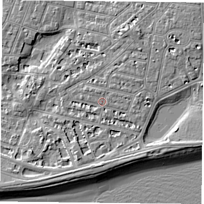Shaded relief map of the ground around PO40QP, computed from Environment Agency LiDAR. The ground here sits at about 3 m above sea level and falls 7 m across the surrounding 800 m. Surface water reaching this point runs off ground lying to the north-north-west, 1.0 m higher.
