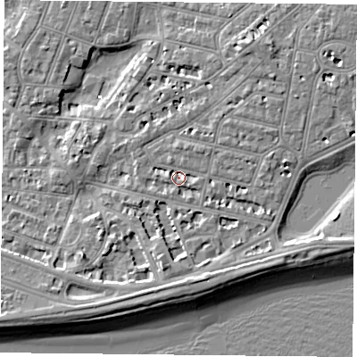 Shaded relief map of the ground around PO40QR, computed from Environment Agency LiDAR. The ground here sits at about 2 m above sea level and falls 7 m across the surrounding 800 m. Surface water reaching this point runs off ground lying to the north-east, 1.3 m higher.