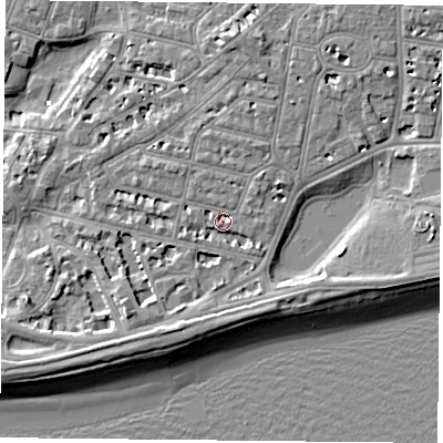 Shaded relief map of the ground around PO40QS, computed from Environment Agency LiDAR. The ground here sits at about 3 m above sea level and falls 7 m across the surrounding 800 m. Surface water reaching this point runs off ground lying to the north-north-east, 3.4 m higher.