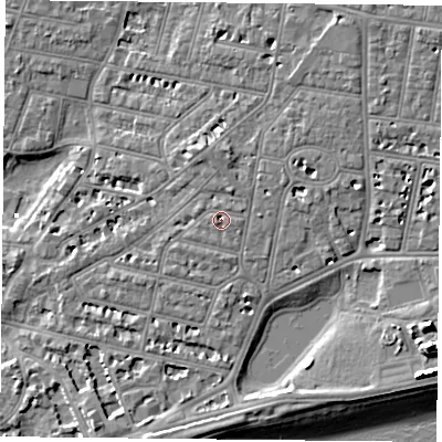 Shaded relief map of the ground around PO40QT, computed from Environment Agency LiDAR. The ground here sits at about 4 m above sea level and falls 13 m across the surrounding 800 m. Surface water reaching this point runs off ground lying to the west-south-west, 0.7 m higher.