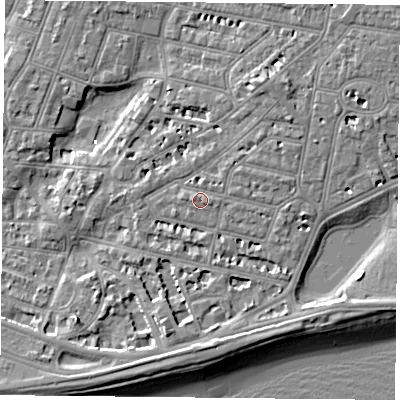 Shaded relief map of the ground around PO40QW, computed from Environment Agency LiDAR. The ground here sits at about 3 m above sea level and falls 7 m across the surrounding 800 m. Surface water reaching this point runs off ground lying to the north-east, 1.1 m higher.
