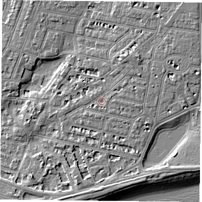 Shaded relief map of the ground around PO40QY, computed from Environment Agency LiDAR. The ground here sits at about 3 m above sea level and falls 7 m across the surrounding 800 m. Surface water reaching this point runs off ground lying to the north-east, 2.0 m higher.