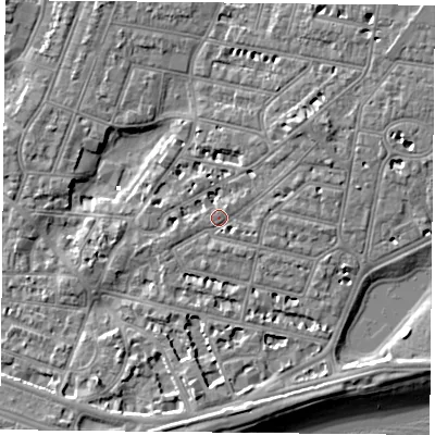 Shaded relief map of the ground around PO40QZ, computed from Environment Agency LiDAR. The ground here sits at about 3 m above sea level and falls 7 m across the surrounding 800 m. Surface water reaching this point runs off ground lying to the east-north-east, 2.9 m higher.