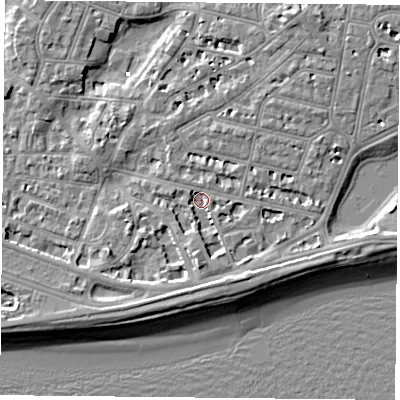 Shaded relief map of the ground around PO40RA, computed from Environment Agency LiDAR. The ground here sits at about 1 m above sea level and falls 7 m across the surrounding 800 m. Surface water reaching this point runs off ground lying to the south-south-east, 3.7 m higher.