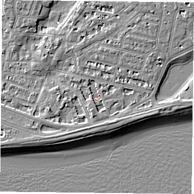Shaded relief map of the ground around PO40RB, computed from Environment Agency LiDAR. The ground here sits at about 1 m above sea level and falls 7 m across the surrounding 800 m. Surface water reaching this point runs off ground lying to the south-south-east, 3.7 m higher.