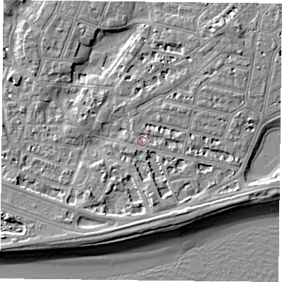 Shaded relief map of the ground around PO40RD, computed from Environment Agency LiDAR. The ground here sits at about 2 m above sea level and falls 7 m across the surrounding 800 m. Surface water reaching this point runs off ground lying to the north-east, 3.9 m higher.