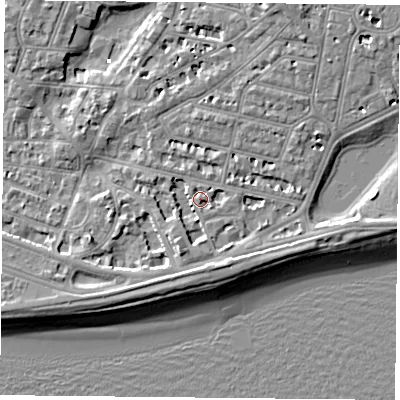 Shaded relief map of the ground around PO40RE, computed from Environment Agency LiDAR. The ground here sits at about 3 m above sea level and falls 7 m across the surrounding 800 m. Surface water reaching this point runs off ground lying to the south-south-east, 3.7 m higher.