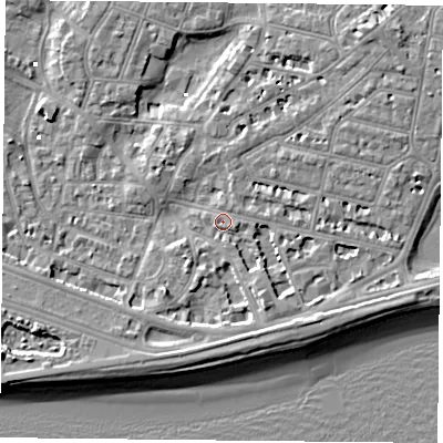 Shaded relief map of the ground around PO40RH, computed from Environment Agency LiDAR. The ground here sits at about 2 m above sea level and falls 7 m across the surrounding 800 m. Surface water reaching this point runs off ground lying to the south-east, 3.7 m higher.