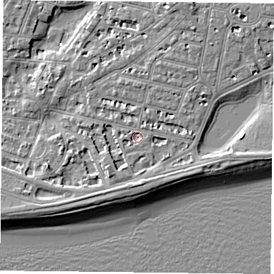 Shaded relief map of the ground around PO40RJ, computed from Environment Agency LiDAR. The ground here sits at about 2 m above sea level and falls 7 m across the surrounding 800 m. Surface water reaching this point runs off ground lying to the north-north-east, 3.4 m higher.