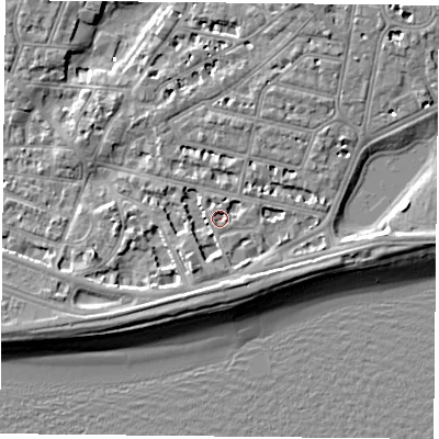 Shaded relief map of the ground around PO40RL, computed from Environment Agency LiDAR. The ground here sits at about 2 m above sea level and falls 7 m across the surrounding 800 m. Surface water reaching this point runs off ground lying to the east-north-east, 1.5 m higher.