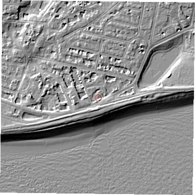 Shaded relief map of the ground around PO40RN, computed from Environment Agency LiDAR. The ground here sits at about 3 m above sea level and falls 7 m across the surrounding 800 m. Surface water reaching this point runs off ground lying to the south-south-west, 3.4 m higher.