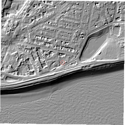 Shaded relief map of the ground around PO40RP, computed from Environment Agency LiDAR. The ground here sits at about 3 m above sea level and falls 7 m across the surrounding 800 m. Surface water reaching this point runs off ground lying to the south-south-west, 2.1 m higher.