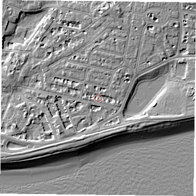 Shaded relief map of the ground around PO40RQ, computed from Environment Agency LiDAR. The ground here sits at about 3 m above sea level and falls 7 m across the surrounding 800 m. Surface water reaching this point runs off ground lying to the east-south-east, 1.7 m higher.