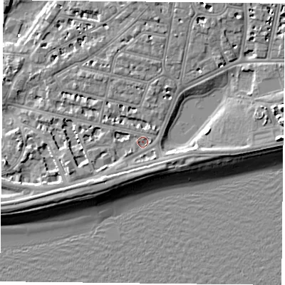 Shaded relief map of the ground around PO40RR, computed from Environment Agency LiDAR. The ground here sits at about 3 m above sea level and falls 12 m across the surrounding 800 m. Surface water reaching this point runs off ground lying to the east, 8.6 m higher.